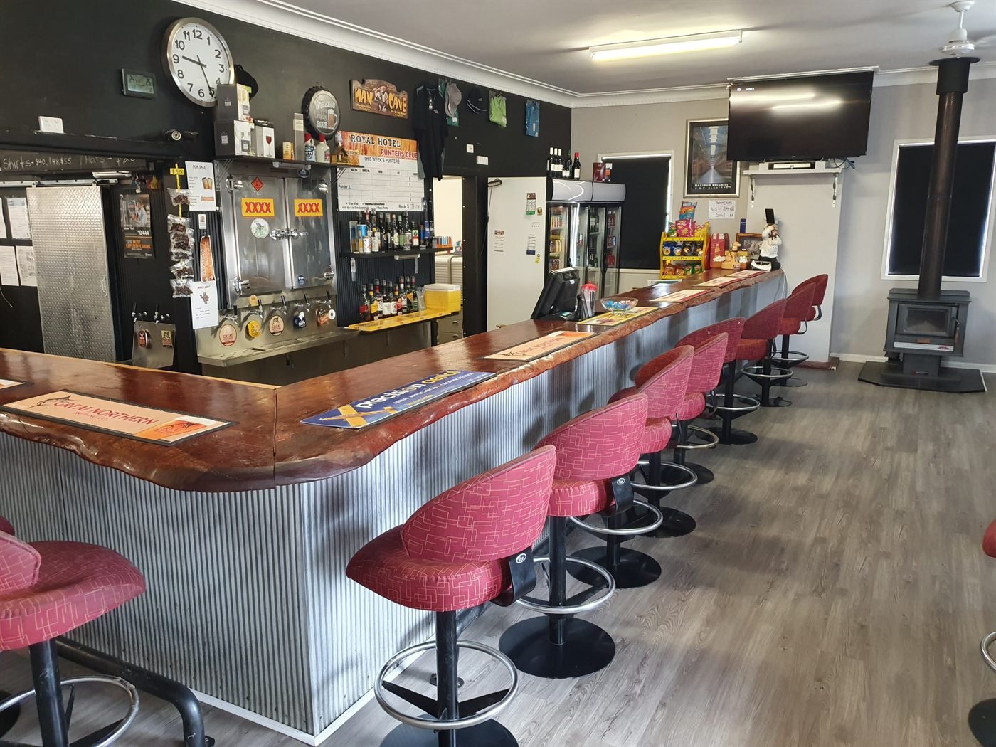 The front bar at The Royal Hotel Meandarra, with timber bar and beer taps